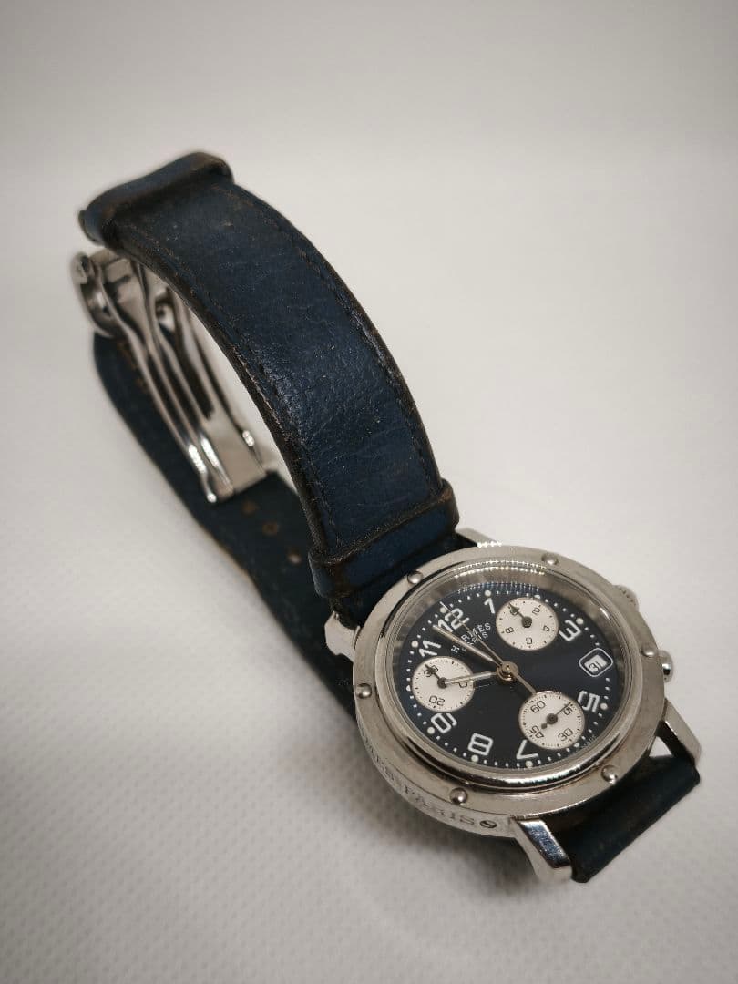 HERMES クリッパー　クロノグラフ 腕時計 ネイビー　電池新品　完動品