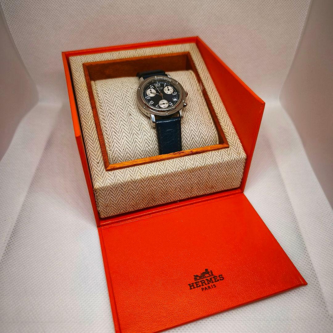 HERMES クリッパー　クロノグラフ 腕時計 ネイビー　電池新品　完動品