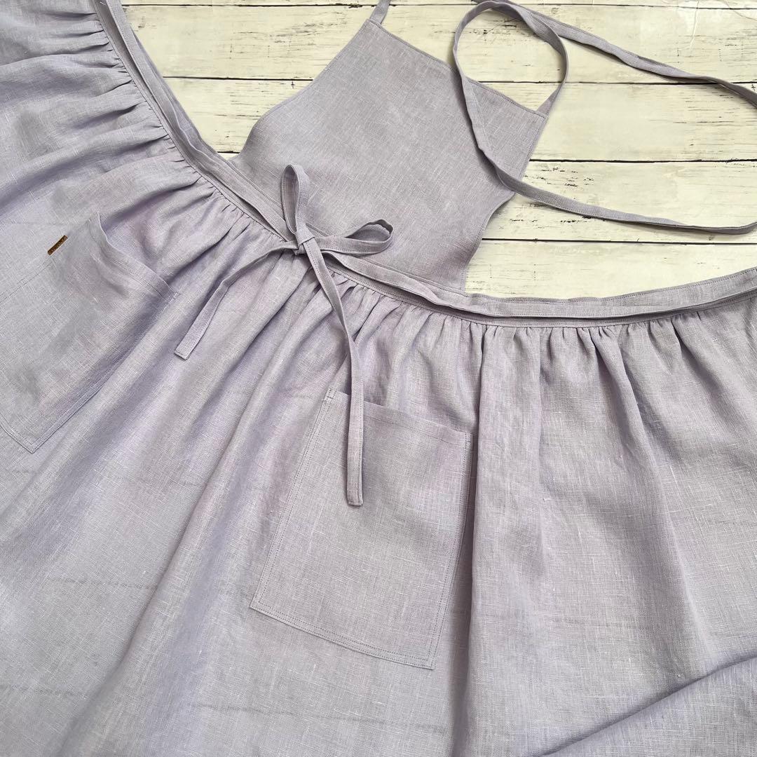 リネン100 2wayギャザーエプロン ラベンダー ハンドメイド