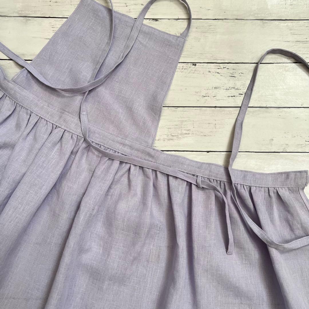 リネン100 2wayギャザーエプロン ラベンダー ハンドメイド