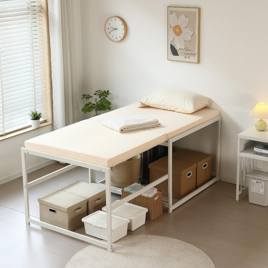 【ホワイト】高さ75cm 伸長式ベッド 高いベッド シングルベッド 伸縮 下収納