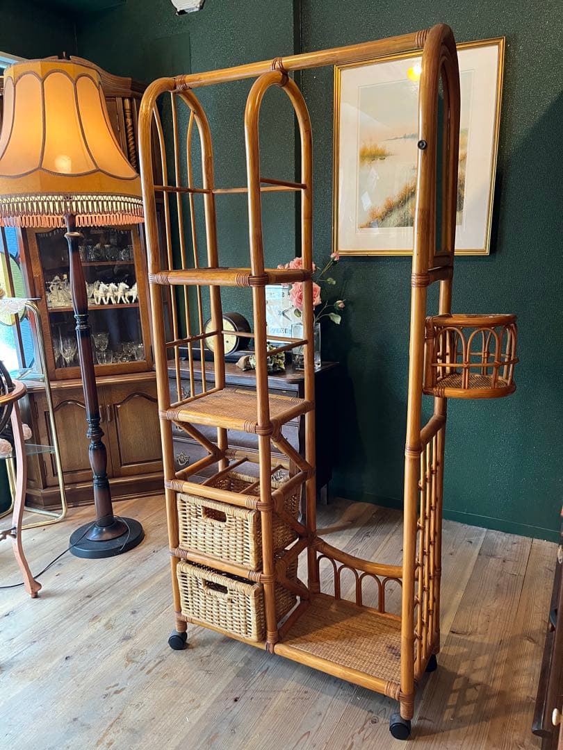 ミラー付 籐 ラタン ハンガーラック インテリア 昭和レトロ 引き出し収納