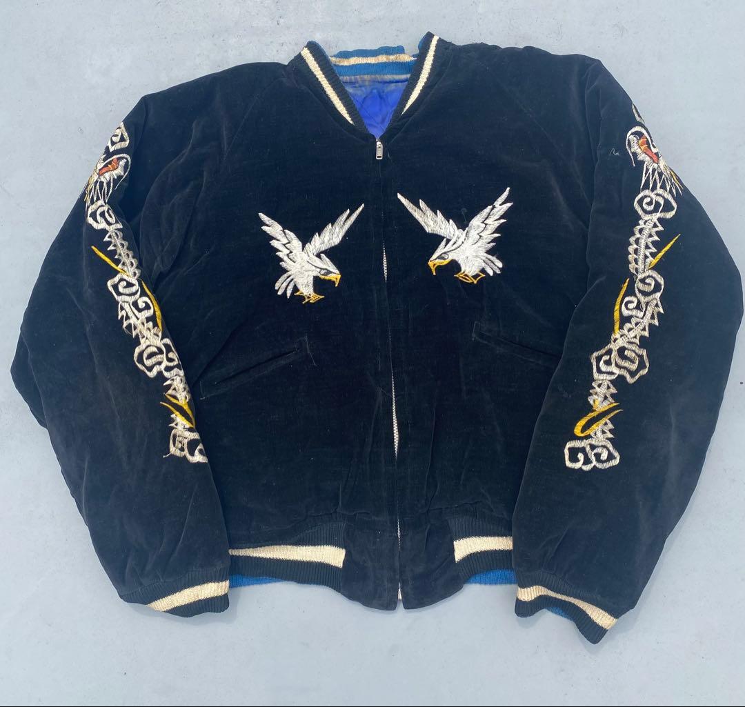 50s 別珍　スカジャン　オリジナル　ヴィンテージ　ブラック　鷹　龍