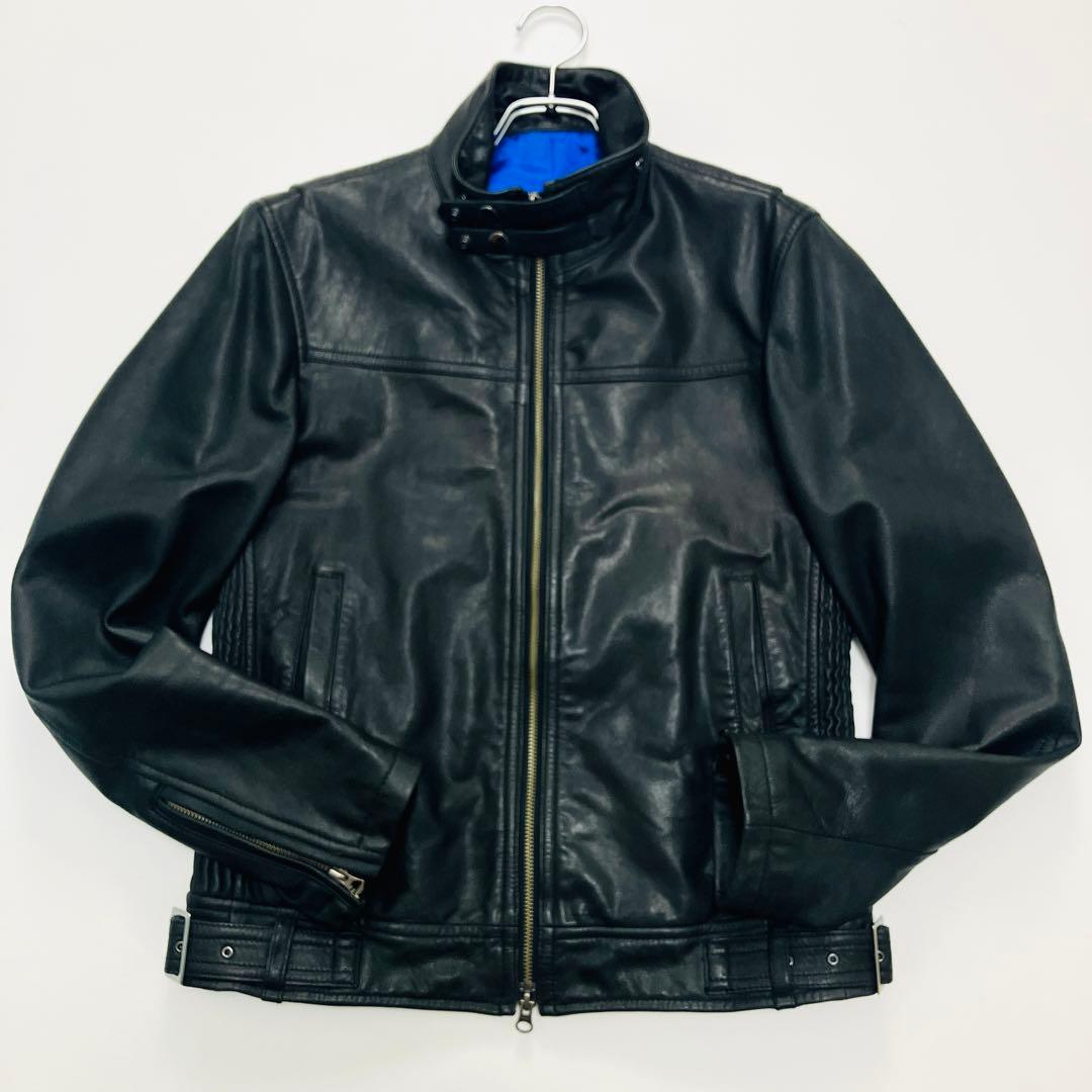 【希少サイズ】　JUNMEN シングルライダースジャケット　山羊革　本革　ベルト