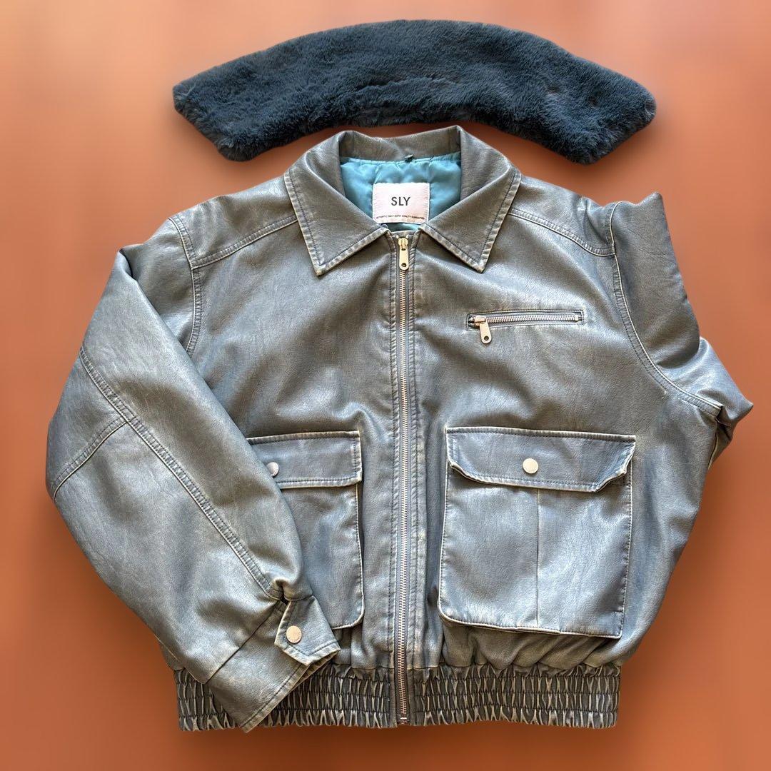 る*る様 【SLY】フェイクレザーブルゾン　ライトブルー　ファー取外可能