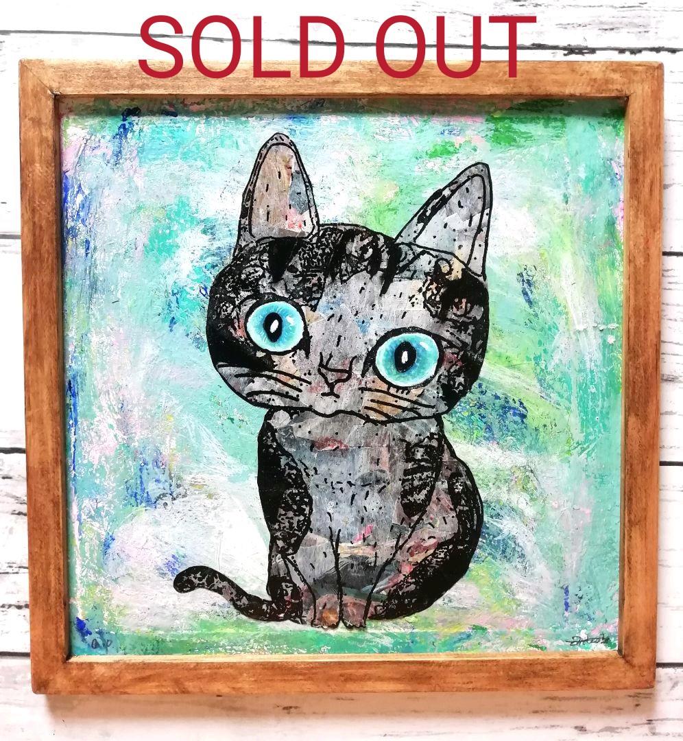 銅版画応用表現絵画　「ひらめき猫」