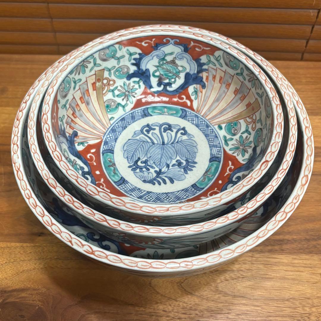 江戸時代　古伊万里　赤絵　三つ重ね　どんぶり