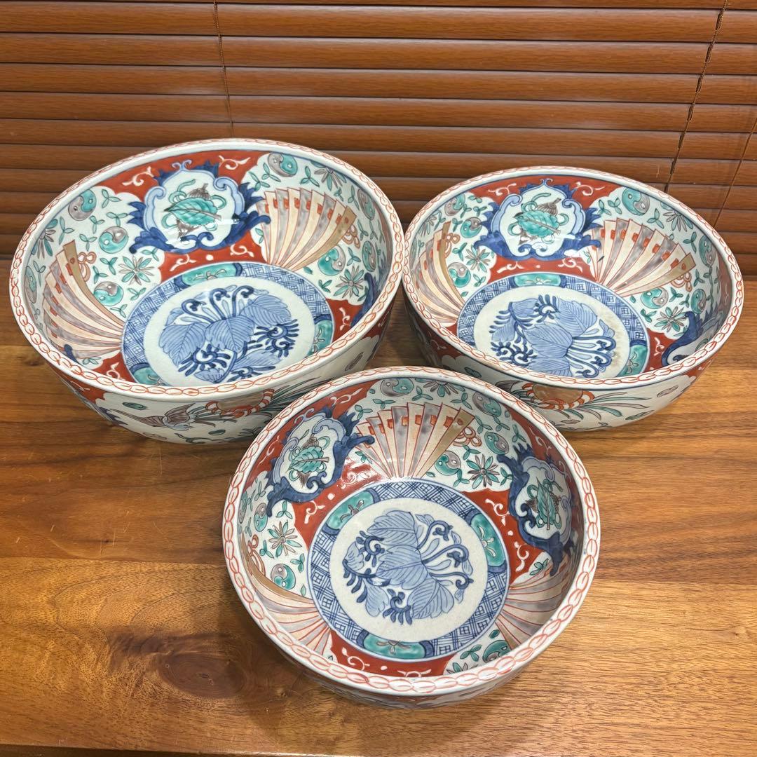 江戸時代　古伊万里　赤絵　三つ重ね　どんぶり
