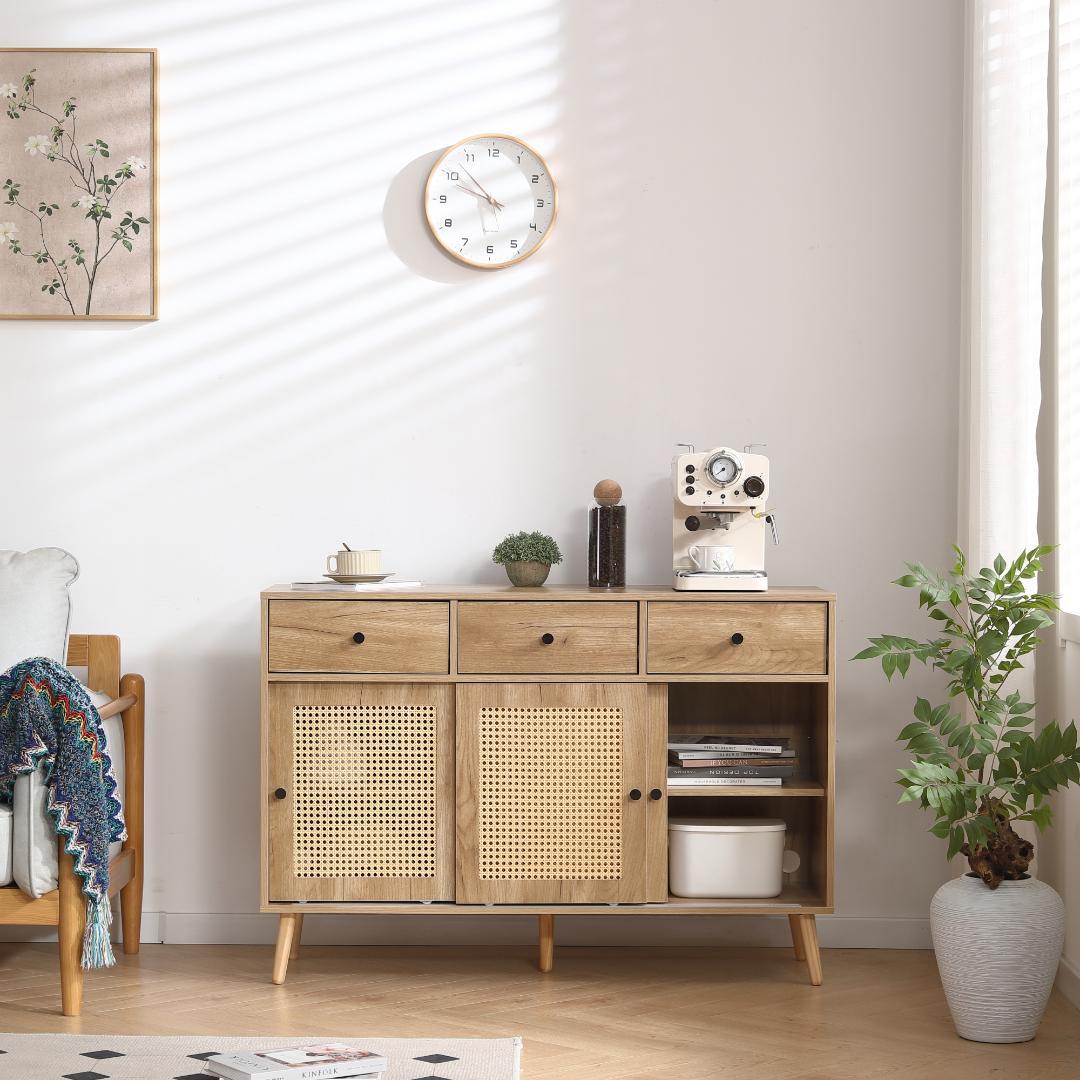 キャビネット サイドボード チェストラタン調 引き出し付き 【ナチュラル】