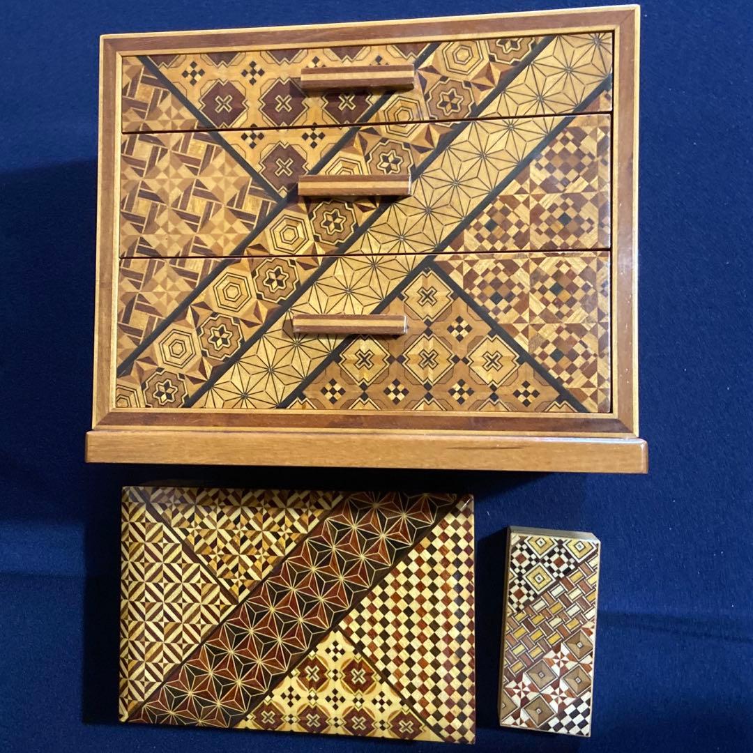 箱根寄木細工　昭和レトロ　3段引き出し　宝石箱　小銭箱　中古品