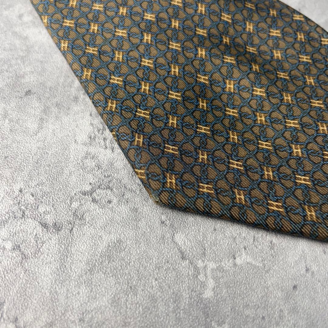 美品 HERMES エルメス H柄 リング 総柄 ネクタイ ブラウン 茶