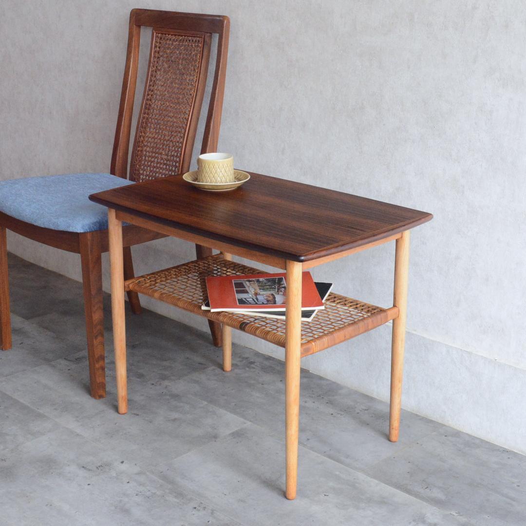デンマーク 北欧ヴィンテージ サイドテーブル ローズウッド 北欧家具 ラタン棚付