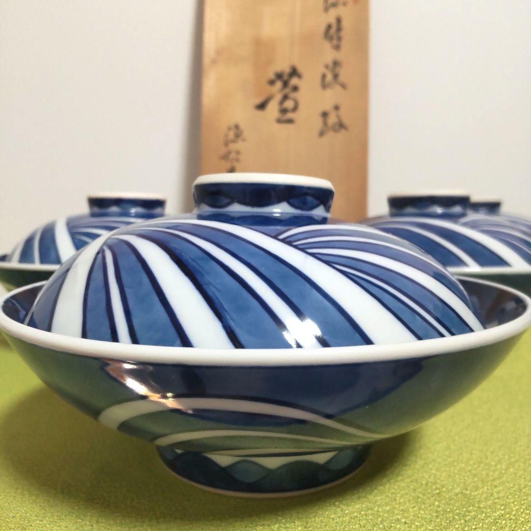 源右衛門 どんぶり 波 染付 蓋物 染錦 丼 小どん 中 6客 手描き 木箱