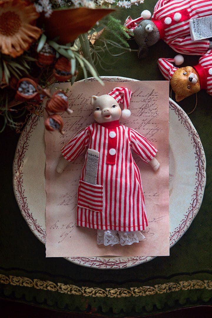 ヴィンテージ チャイナヘッドドール ぶた クリスマス オーナメント