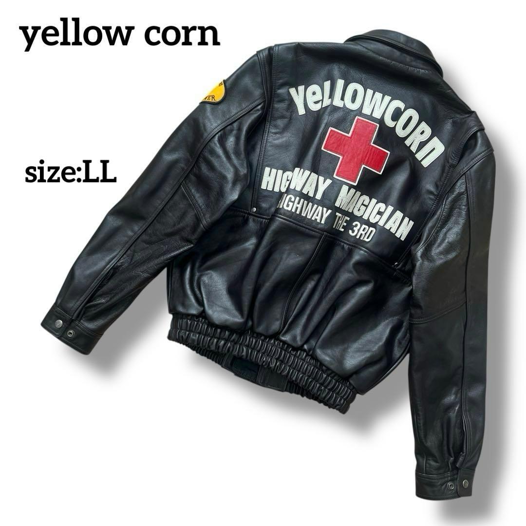 yellow corn　牛革　レザーライダースジャケット　刺繍　ワッペン　LL
