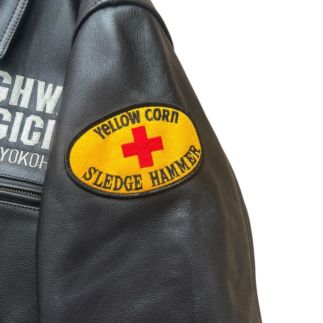 yellow corn　牛革　レザーライダースジャケット　刺繍　ワッペン　LL