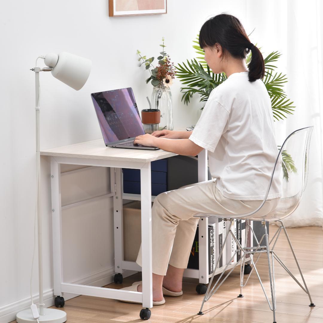 パソコンデスク 簡易デスク学習デスク 3段収納ラック キャスター付き【ホワイト】