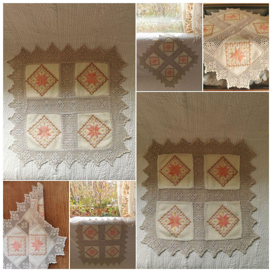 アンティーク北欧 コーラルピンクハーダンガー刺繍＆ベージュクロシェ編リネンクロス