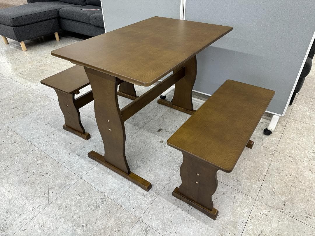 ダイニングテーブルセット　ベンチ×2　ブラウン