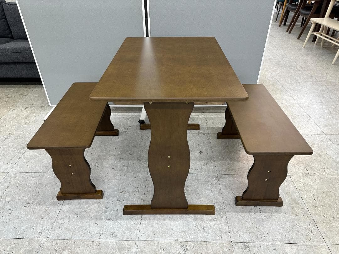 ダイニングテーブルセット　ベンチ×2　ブラウン