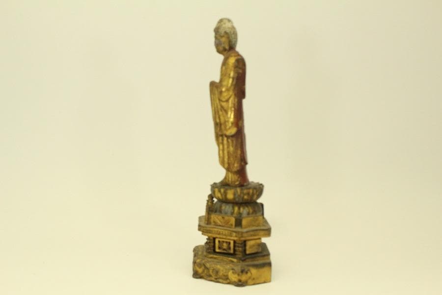 仏教美術 木彫 金彩 阿弥陀如来像 時代物 高35.5cm(A511)