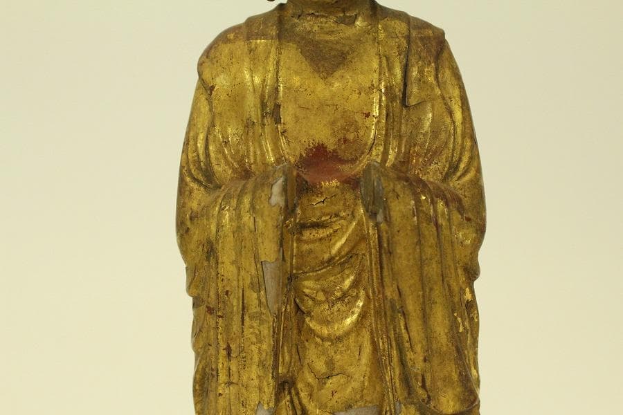 仏教美術 木彫 金彩 阿弥陀如来像 時代物 高35.5cm(A511)