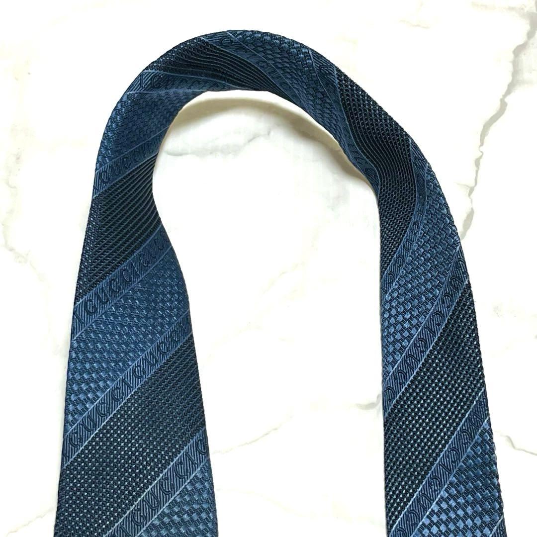 GUCCI グッチ 現行 ロゴ入り 蜂タグ ブルー グレー ネクタイ イタリア製