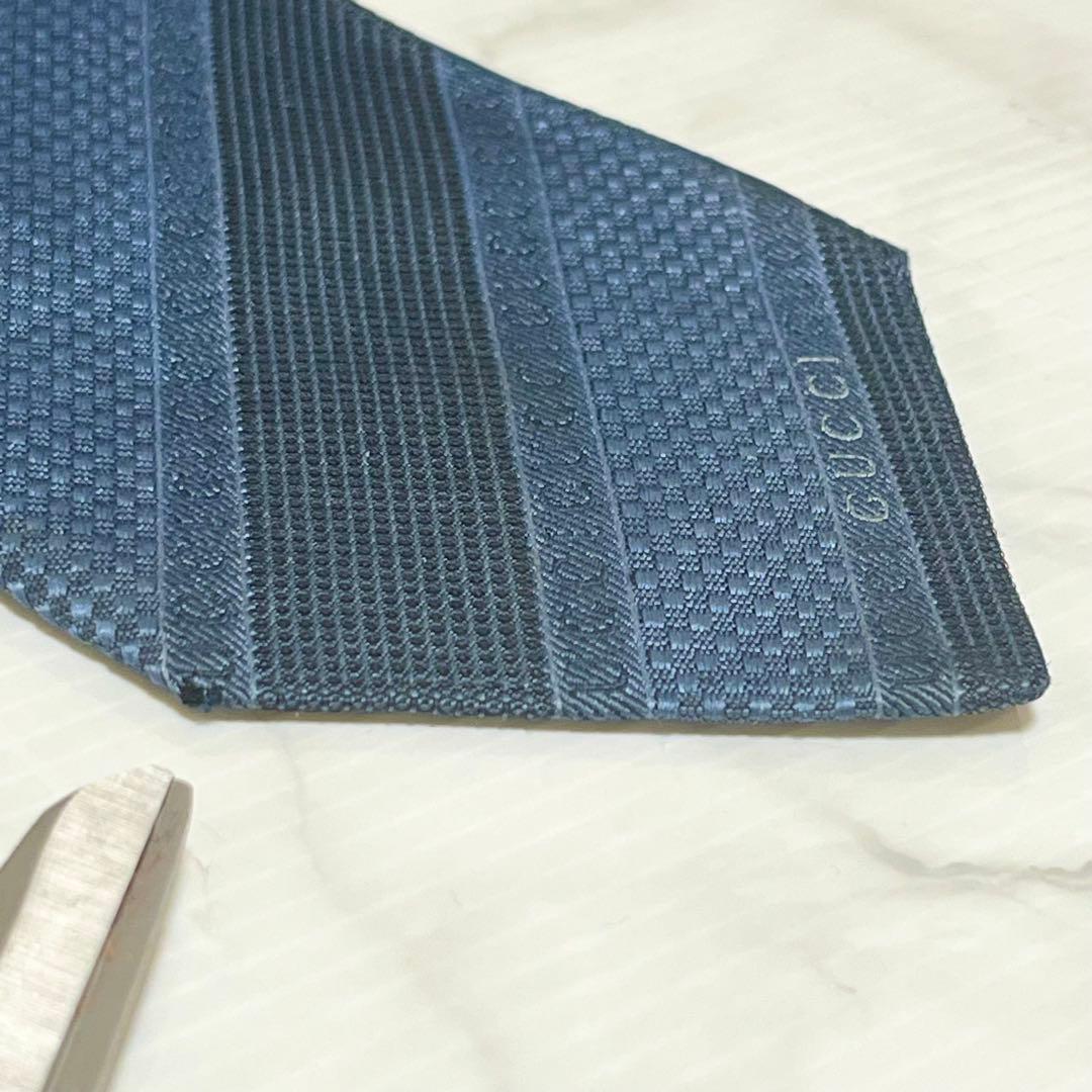 GUCCI グッチ 現行 ロゴ入り 蜂タグ ブルー グレー ネクタイ イタリア製