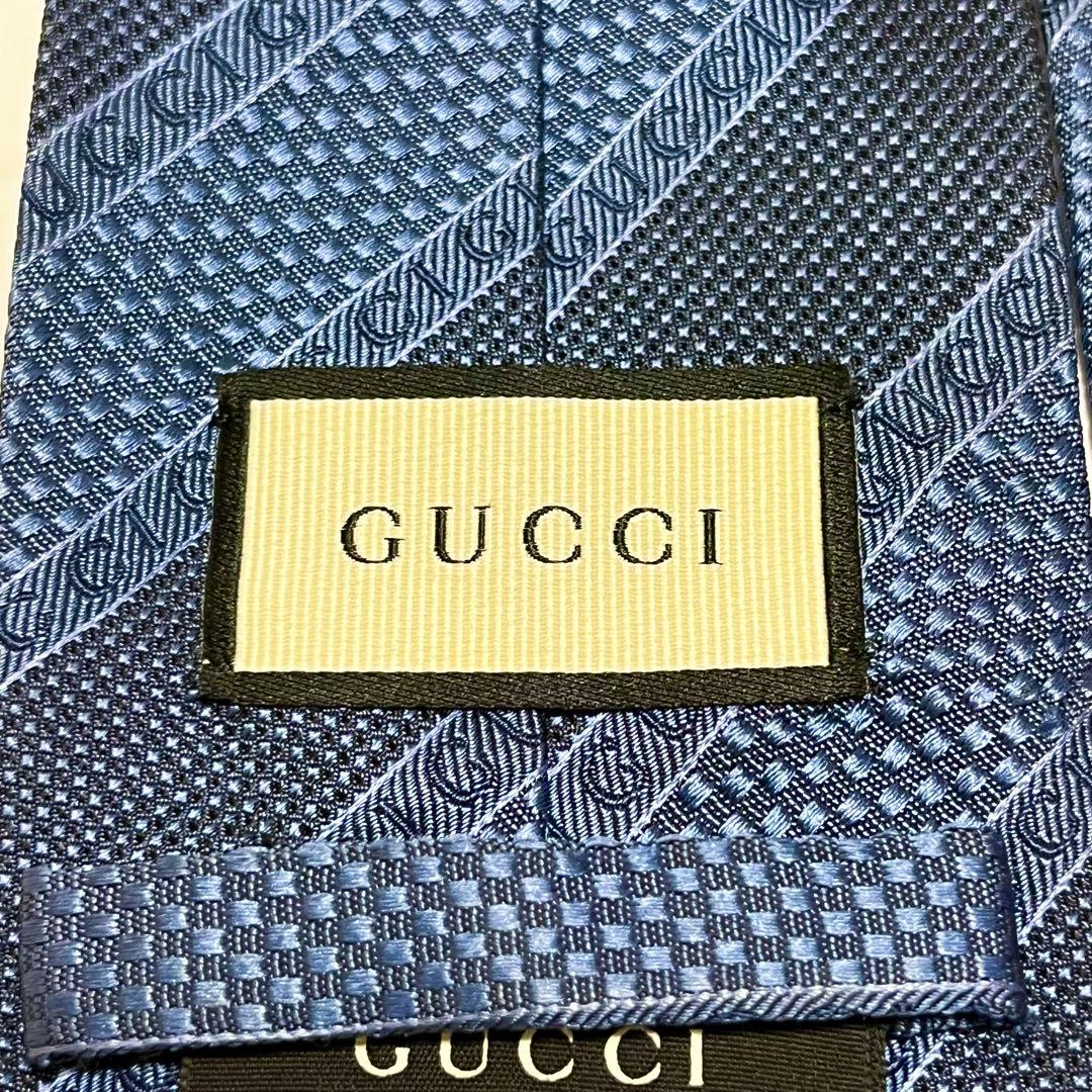 GUCCI グッチ 現行 ロゴ入り 蜂タグ ブルー グレー ネクタイ イタリア製