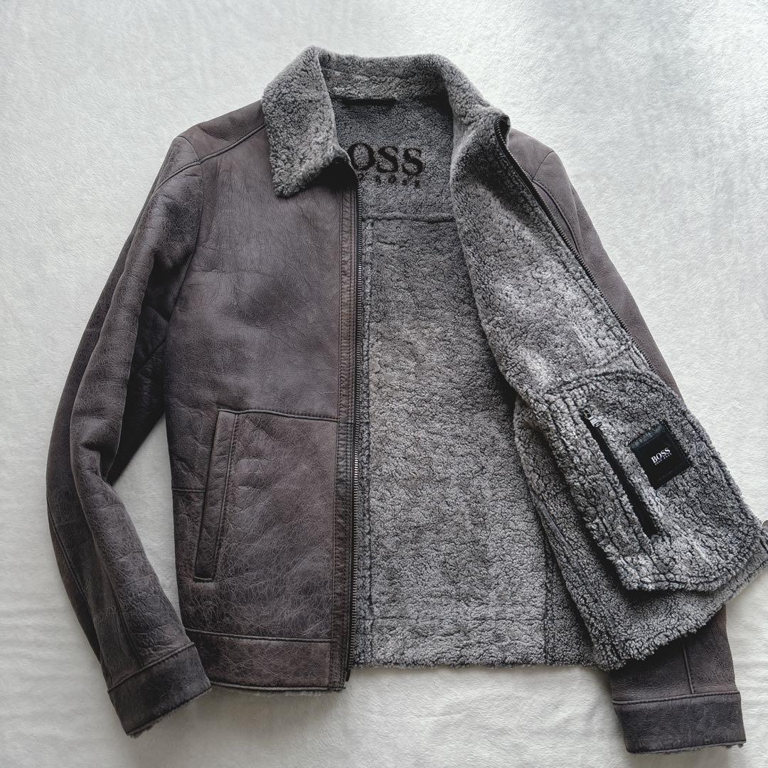 【美品】ヒューゴボス　ムートンジャケット　ラムレザー　グレー　ブルゾン　本革