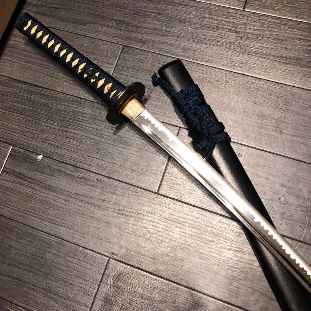 高級模造刀　居合刀　樋入り刀身　青緑拵え　亜合金刀身　名刀