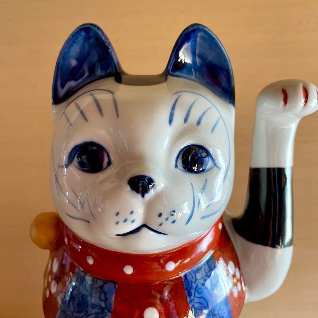 【未使用】赤絵市松猫　招き猫　瀬戸焼　左　まねきねこ　置物　縁起物