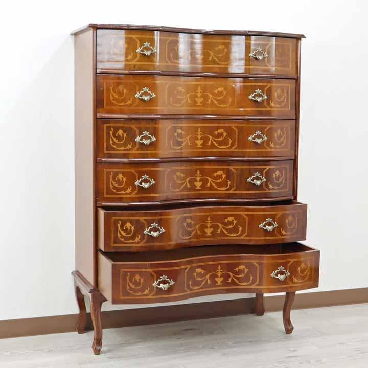 6段チェスト 木製 イタリア 猫脚 象嵌 完成品 チェスト タンス