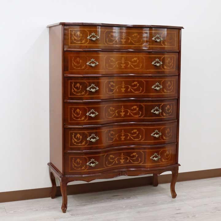 6段チェスト 木製 イタリア 猫脚 象嵌 完成品 チェスト タンス