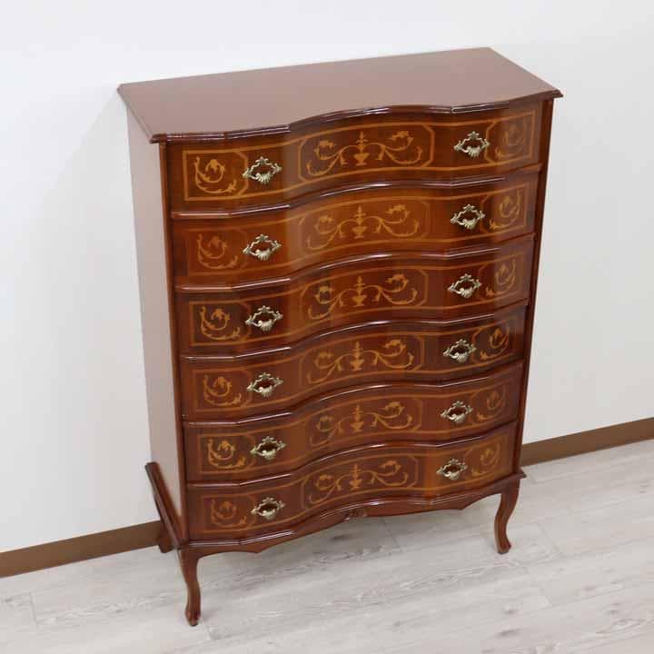 6段チェスト 木製 イタリア 猫脚 象嵌 完成品 チェスト タンス