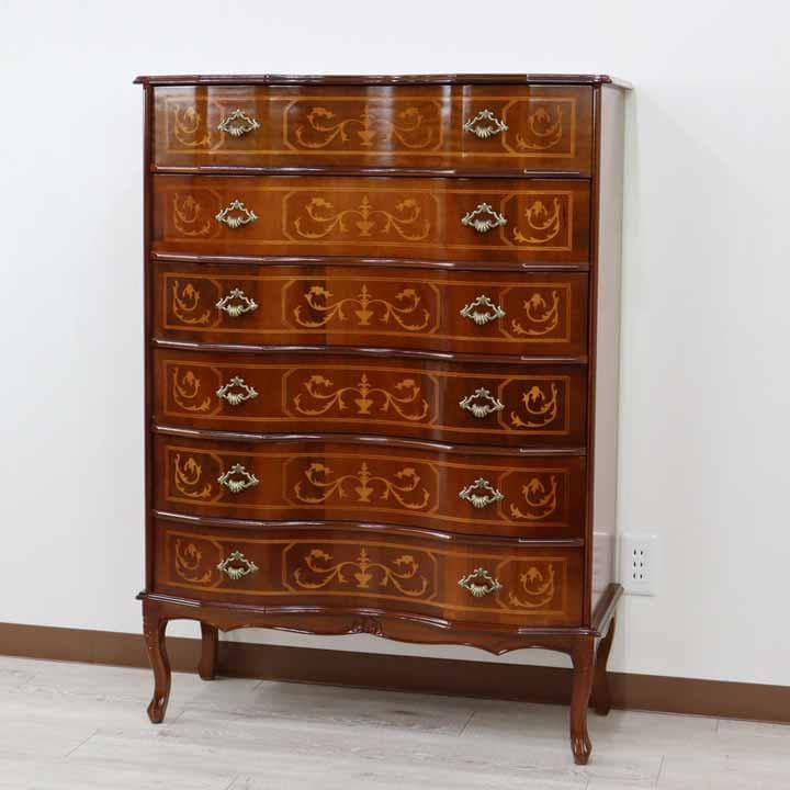 6段チェスト 木製 イタリア 猫脚 象嵌 完成品 チェスト タンス