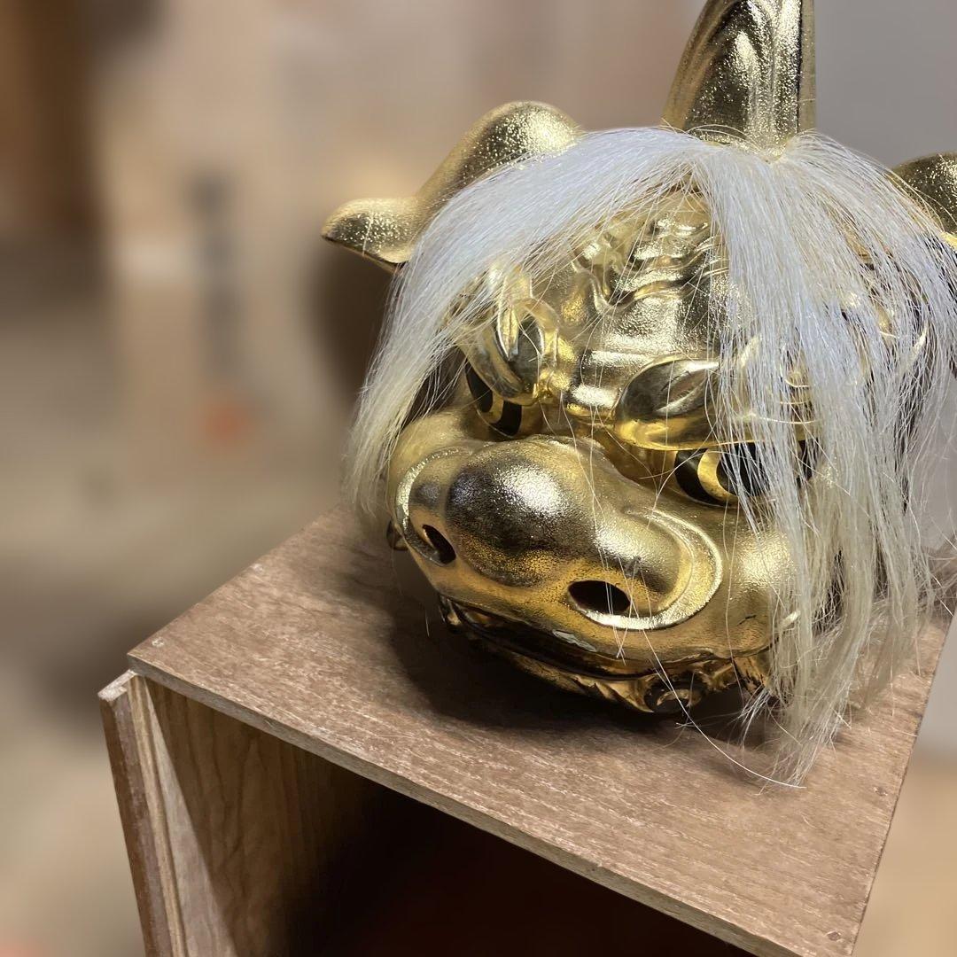 金塗り獅子頭部彫刻、富山県井波彫刻家　宮崎辰児作