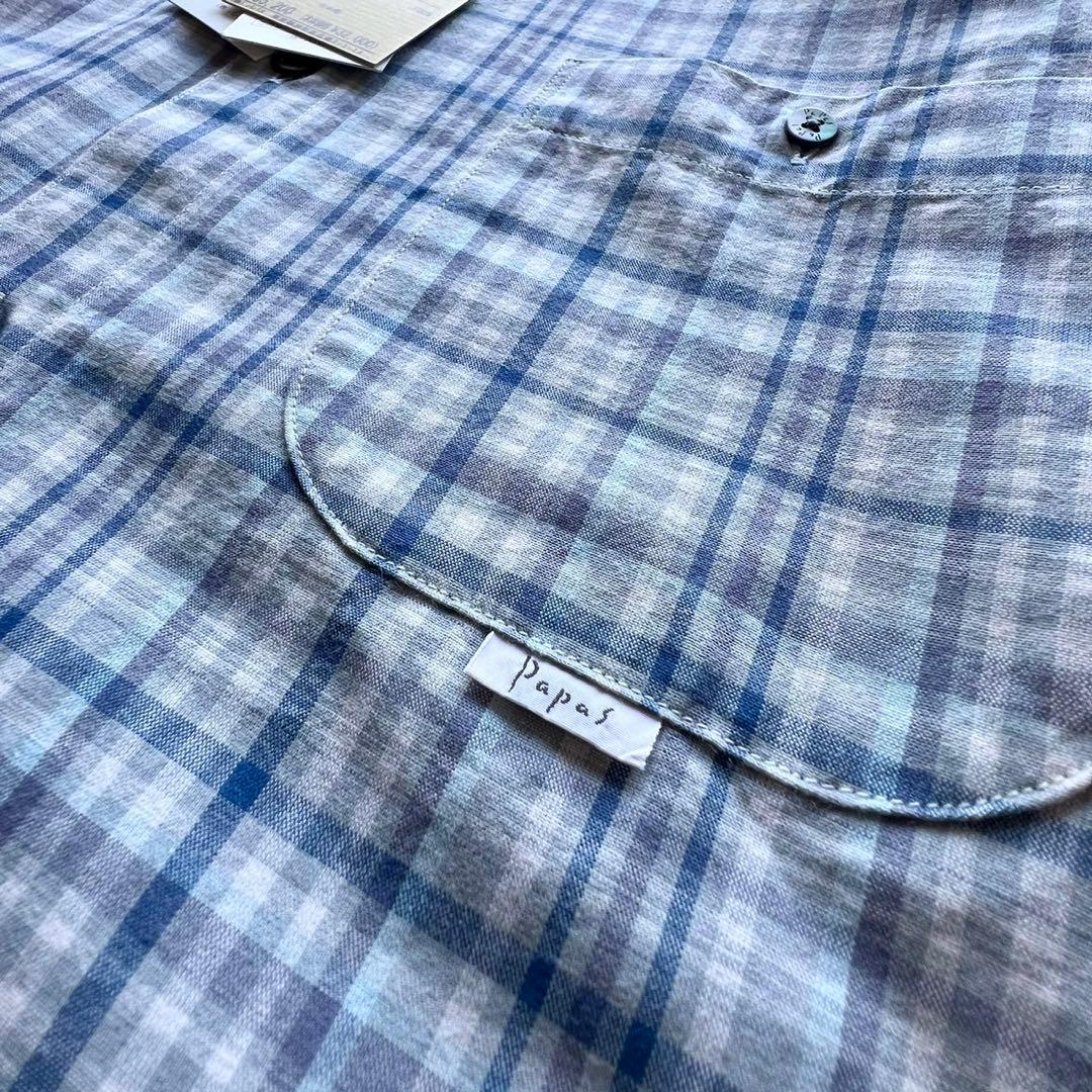 【新品未使用】papasパパス/ブルーチェック長袖シャツ/ L