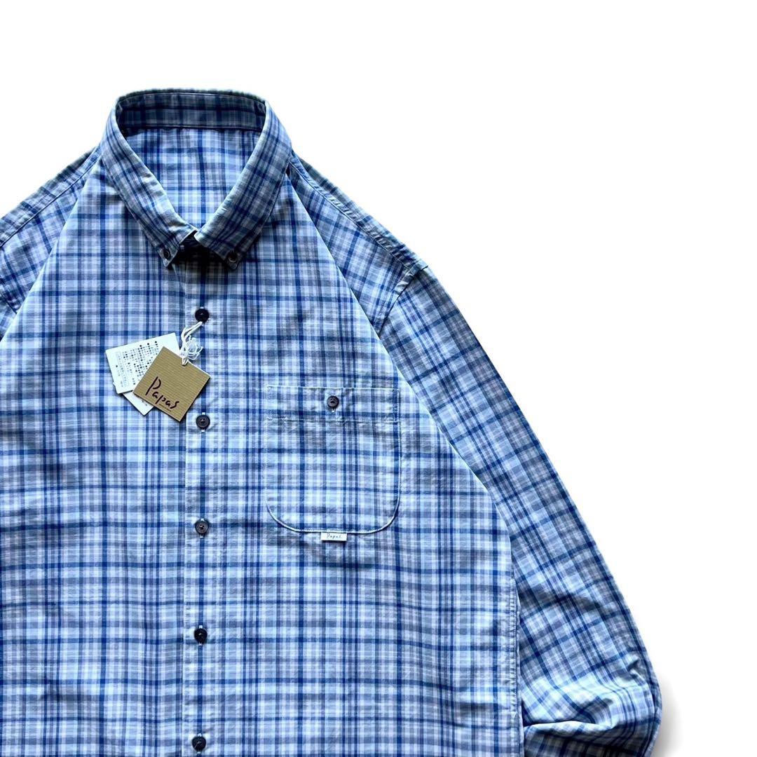 【新品未使用】papasパパス/ブルーチェック長袖シャツ/ L