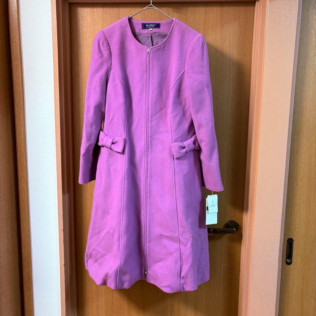 新品 40 リボン エムズグレイシー カメリア ウール コート ピンク バルーン