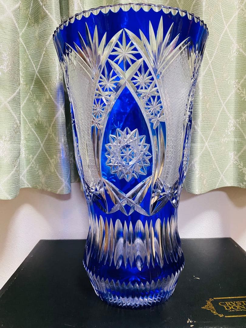 青色クリスタルガラス花瓶 大.