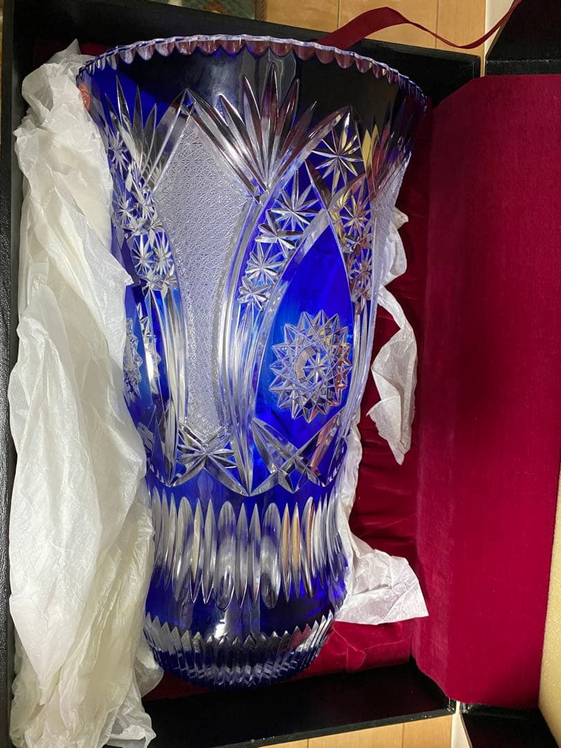 青色クリスタルガラス花瓶 大.