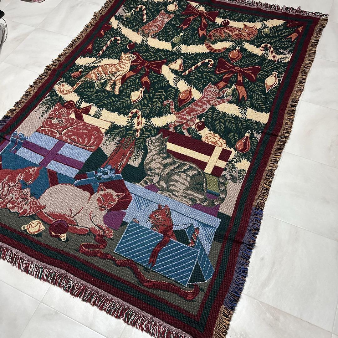 猫　クリスマス　マルチカバー　ソファーカバー　ヴィンテージラグ　180x123