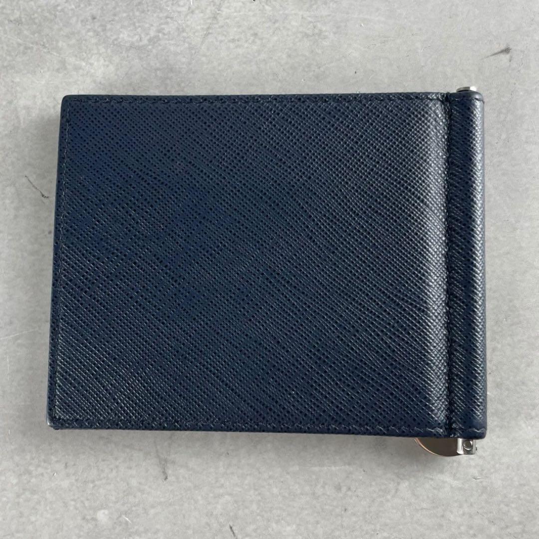【美品】プラダ マネークリップ 財布 三角ロゴ サフィアーノ レザー 紺色