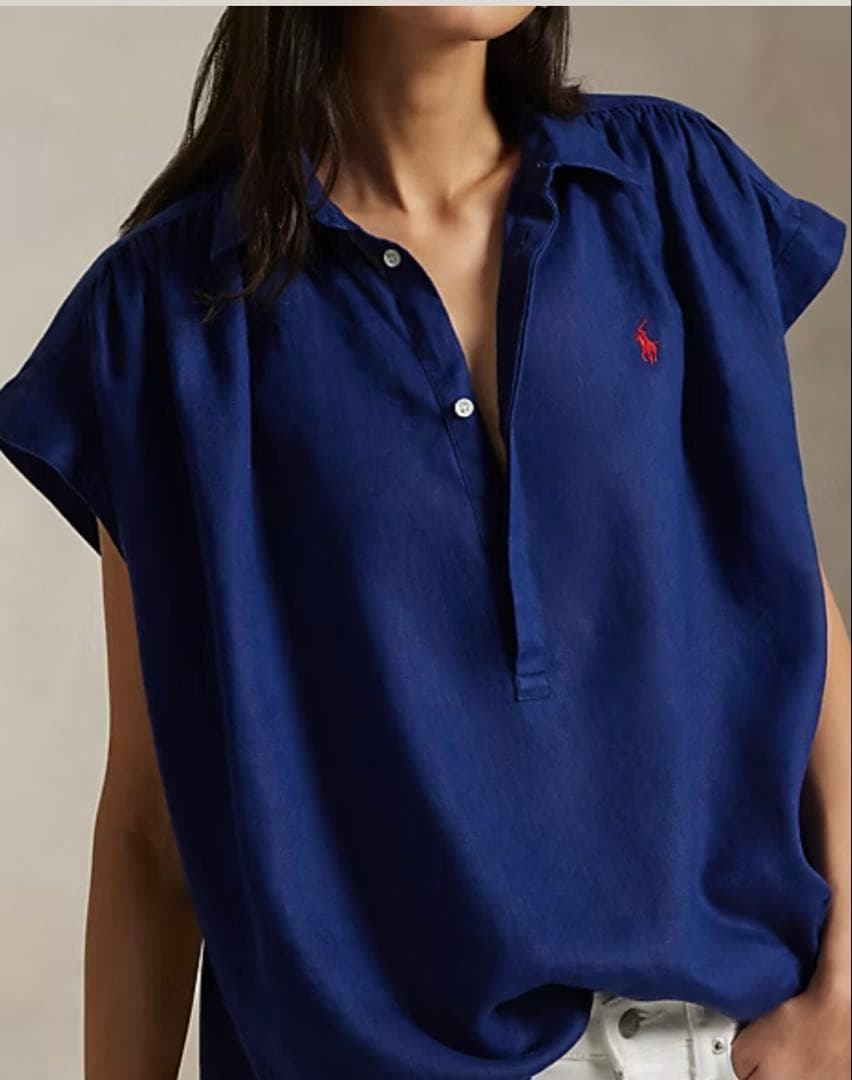 ラルフローレン　リネン　ネイビー　フレンチスリーブ　シャツ　XS