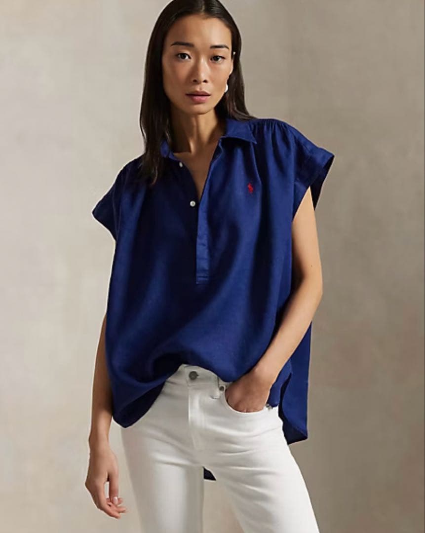 ラルフローレン　リネン　ネイビー　フレンチスリーブ　シャツ　XS