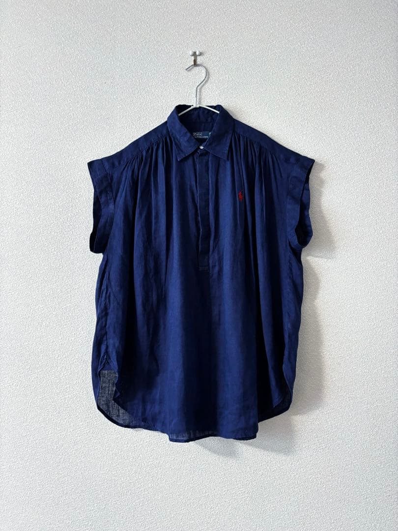 ラルフローレン　リネン　ネイビー　フレンチスリーブ　シャツ　XS