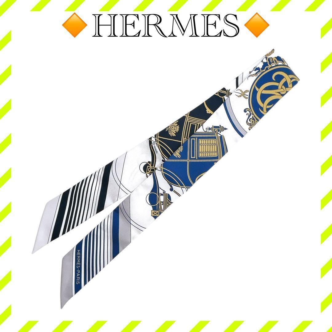 極美品 エルメス ツイリー スカーフ シルク エクスリブリス 紺 黒 レディース