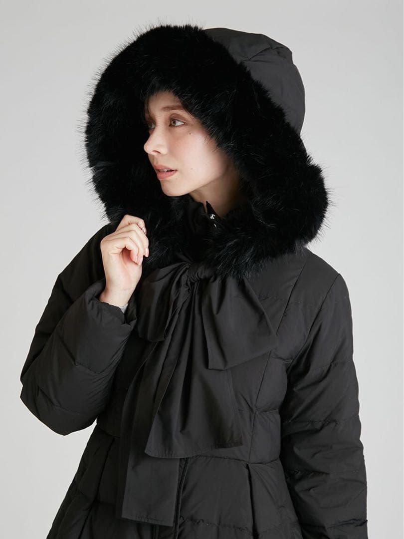 完売品 新品未使用 セルフォード フードリボンロングダウンコート BLK 36