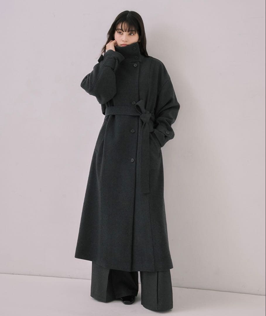 スタンドカラーロングコート｜保温/撥水/静電気防止/ウール100%ベルト付き
